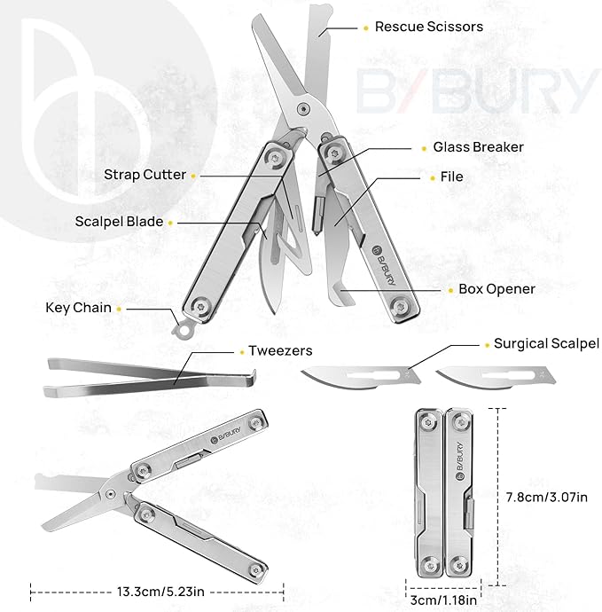 BIBURY Mini Multitool BI2052A, 8 in 1 Keychain EDC Scissors w/Window Breaker, Seat Belt Cutter, Bottle Opener for Outdoor Survival, Mini Multi Tool Cool Gadget TSA Approved, Gifts for Men and Women
