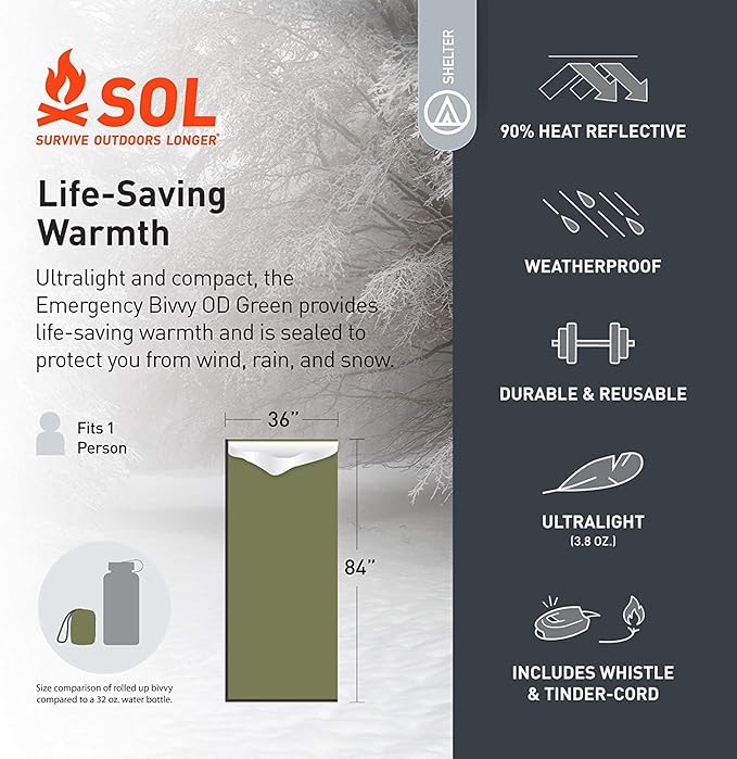 Survive Outdoors Longer 90% Emergency Bivvy - Comes with Survival Whistle & Tinder Paracord Drawstring - Add to Emergency Kit & Hiking Gear - Waterproof, Windproof & Tear-Resistant