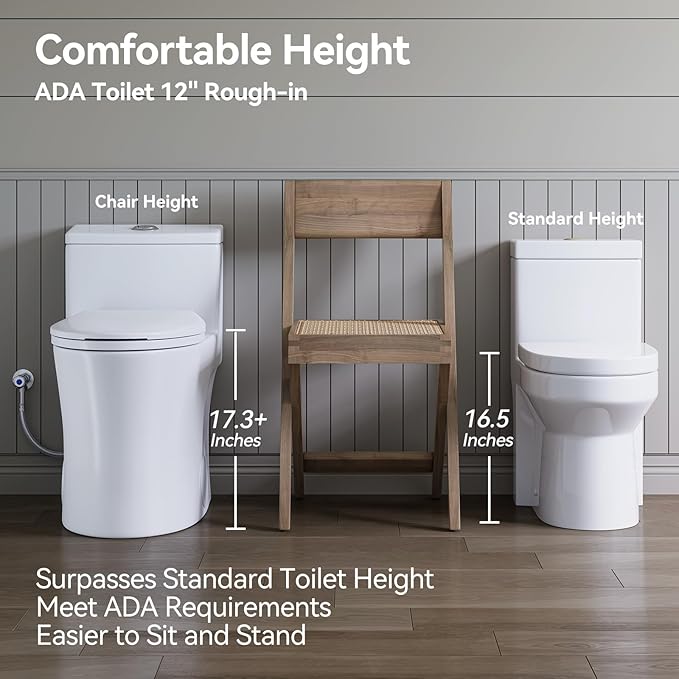 HOROW T0338WM Elongated One Piece Toilet Matte White, ADA Toilet 17.3" with Comfort Chair Height Seat, 0.8/1.28 GPF Powerful Dual Flush Toilet for Bathroom, MAP 1000g, 12" Rough-in Skirted Toilet Bowl