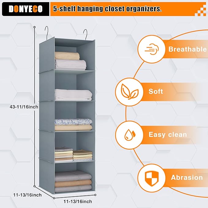 Hanging Closet Organizer 5-Shelf, Easy Mount Foldable Wardrobe Storage Shelves, Clothes Handbag Shoes Accessories, Washable Oxford Cloth Fabric, Gray
