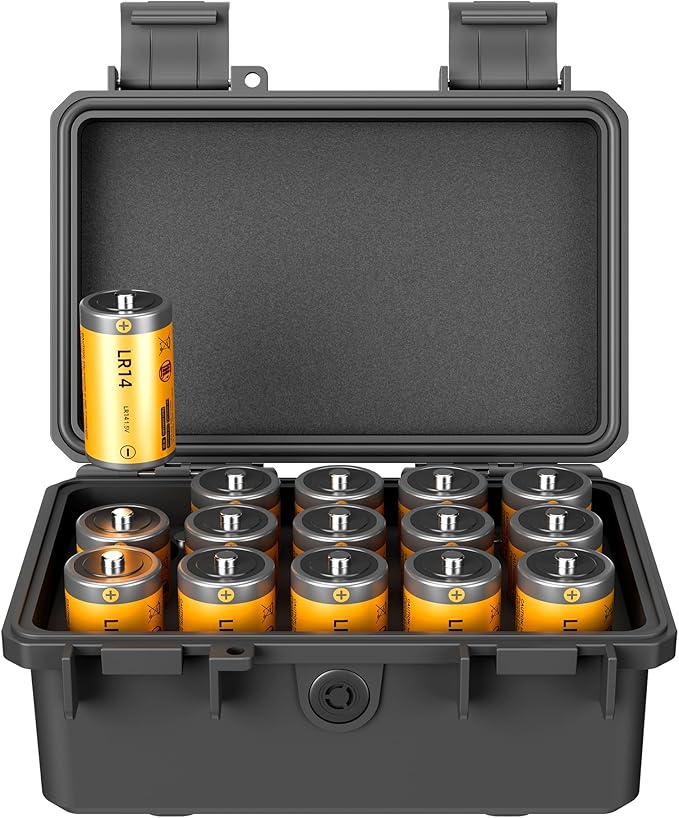 KIWIFOTOS 15 Slots C Battery Organizer Storage Case Heavy Duty IP67 Waterproof C Cell LR14 Alkaline Batteries Holder Containers for Household Outdoor Camping and Office All-Purpose
