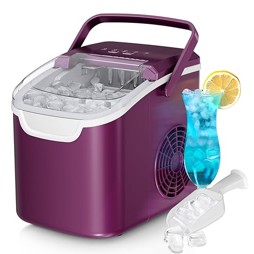Countertop Ice Maker, 26 lbs/Day ice Production, 2 Sizes, 8 ice Cubes in 6 Minutes - Portable Mini, Energy Efficient, with Basket/Scoop for Home/Party/Travel/Camping/Bar