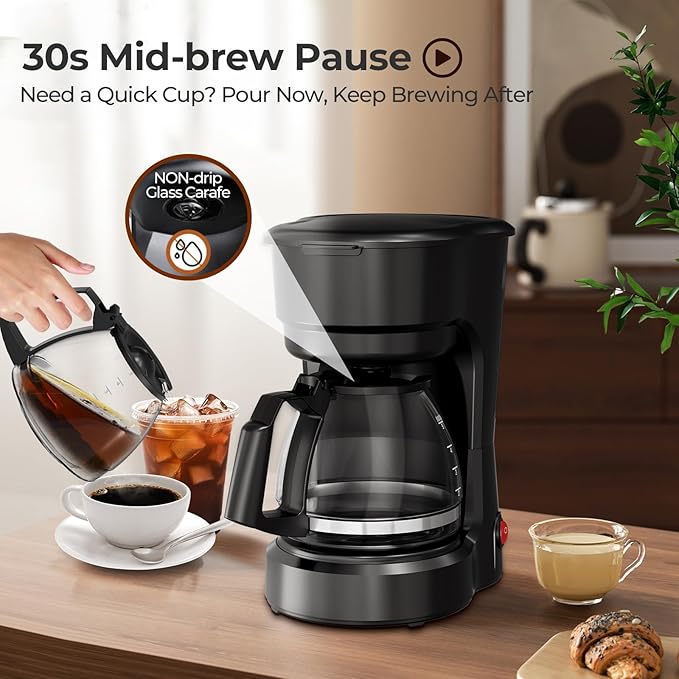 5-Cup Drip Coffee Maker, Compact Coffee Machine with Food-grade Glass Carafe, Always Keep Warm with Manual Switch, Delay Brew, 25oz Water Reservoir, Ideal for Home/Office/Travel/Outdoor - Black