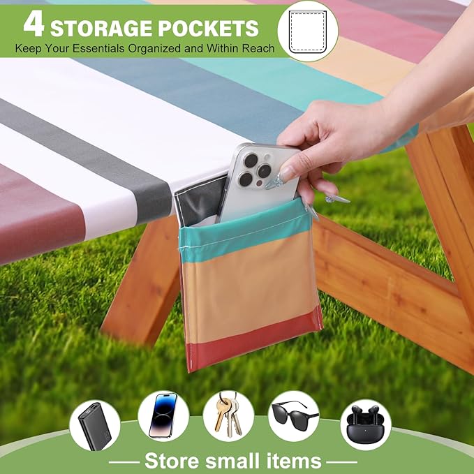 Fitted Picnic Table Cover with Bench Covers Waterproof Elastic Edges Rectangle Patio Tablecloth Outdoor Camping Essentials Stuff Rv Accessories Summer Trip Travel Supplies Party Camper Gifts, 6 ft