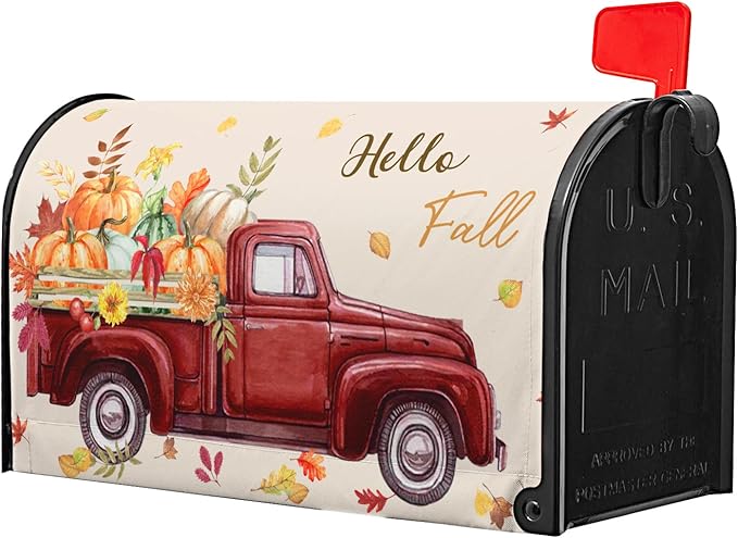 Hello Fall Mailbox Cover Magnetic Autumn Pickup Truck with Pumpkins Letter Box Standard Size 21x18 Inch Happy Harvest Festival Thanksgiving Decorative Waterproof Post Box Covers for Garden Yard