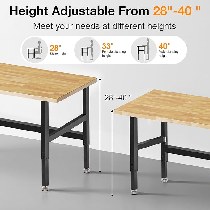 48” Folding Workbench, 2000 LBS Capacity Heavy Duty Workbench, Height Adjustable Foldable Work Table, Rubberwood Collapsible Desk for Workshop, Garage, Office, Home