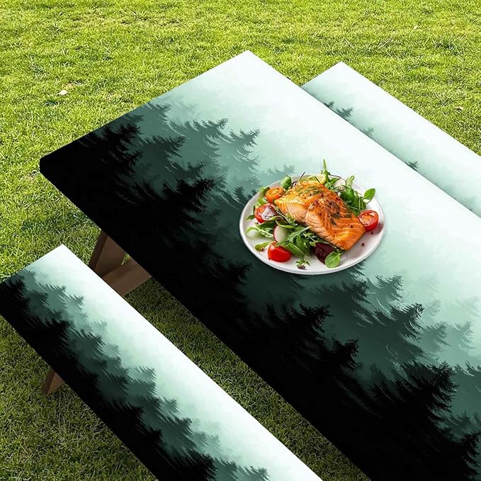 CAPSCEOLL Fitted Picnic Table Cover with Bench Covers with Elastic 6Ft Waterproof Camping Picnic Table Cover Cloths for Outdoors Camping Tablecloth with Drawstring Bag, 72X30in, Green Forest