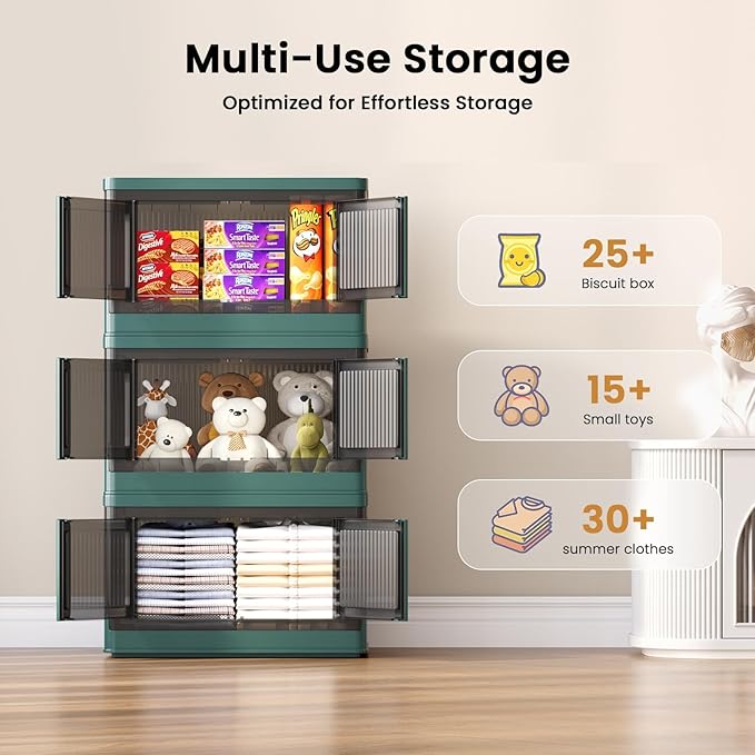 8.4Gal Collapsible Storage Bins with Lids & Wheels - 4 Pack Stackable with Doors, Heavy-Duty Plastic Containers for Home/Office, Green