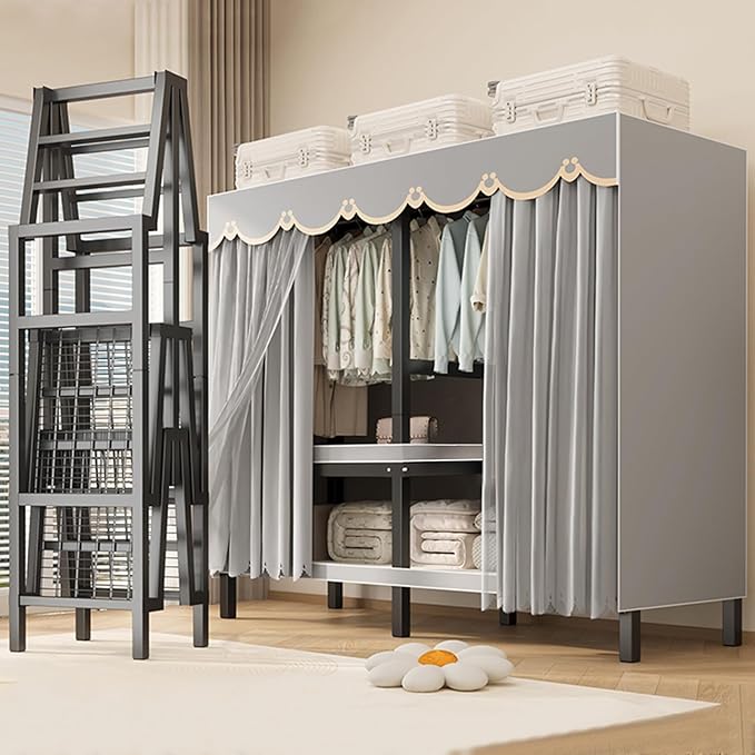 FPIGSHS Heavy Duty Clothes Rack with Cover 2000LBS Foldable Portable Wardrobe Closet for Hanging Clothing Rolling Garment Rack on Wheels for Bedroom Closet System (D(Gauze Curtain Cover, 71in)