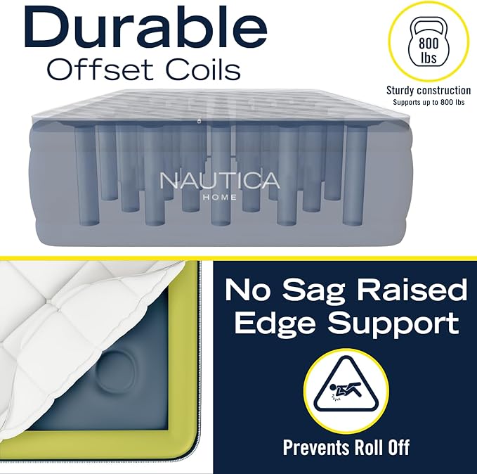 Nautica Home 20" Cloud Supreme Air Mattress with Zip-Off Pillowtop, Built-in Pump, Quick 2-Minute Inflation,Queen Size, Perfect for Guests, Travel, Camping, Durable Offset Coil Construction