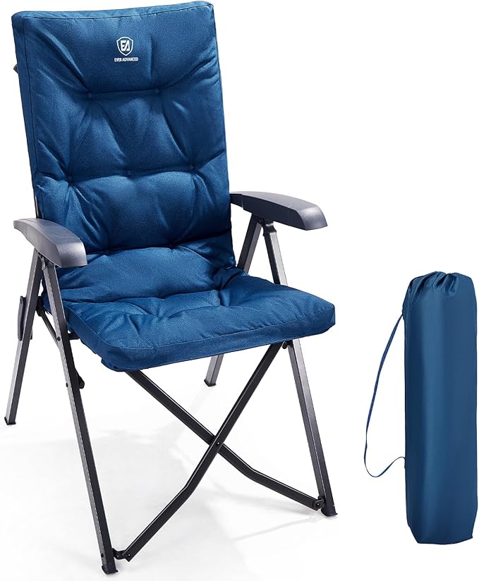 EVER ADVANCED Folding Padded Camping Chair 4 Positon Adjustable Recliner with High Back Support Portable for Adults, 300lbs Weight Capacity, Blue