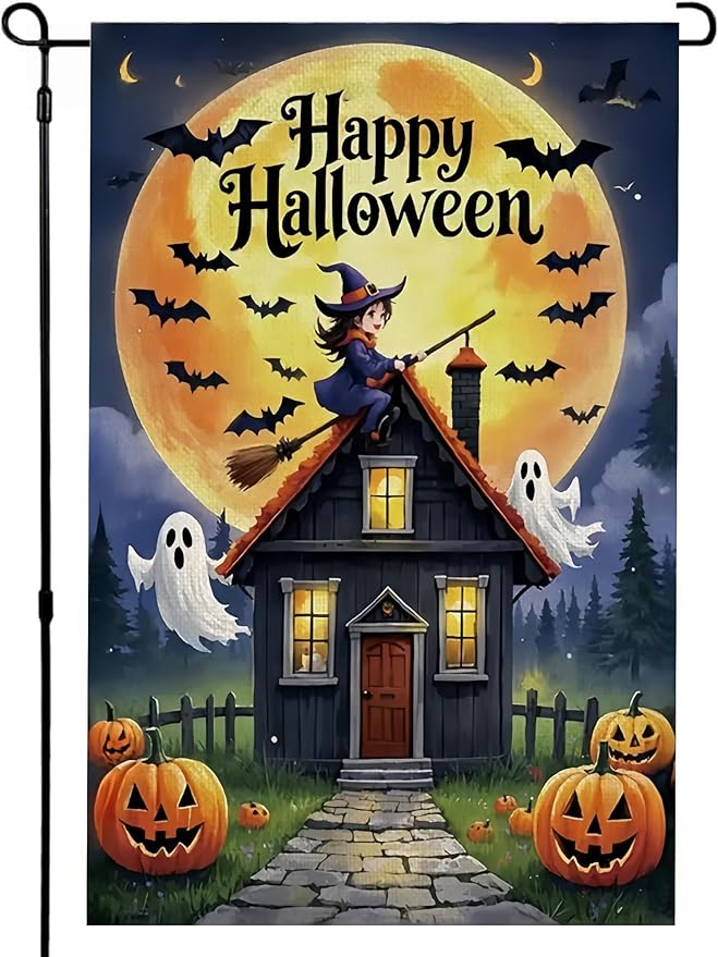 Happy Halloween Garden Flag 12X18Inch Double Side,Witch Yard flag for Outdoor,Pumpkin Small Garden Flag Decorative,Outside House Flag for Holiday Patio Courtyard Lawn