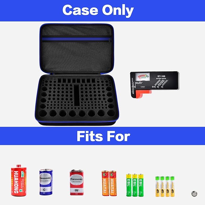 casmilee Storage Case & Battery Organizer with Tester for 162+ AA AAA 4A C D 9V 3V Lithium LR44 CR2 CR123 CR1632 CR2032 18650 Button - Batteries Not Included Blue