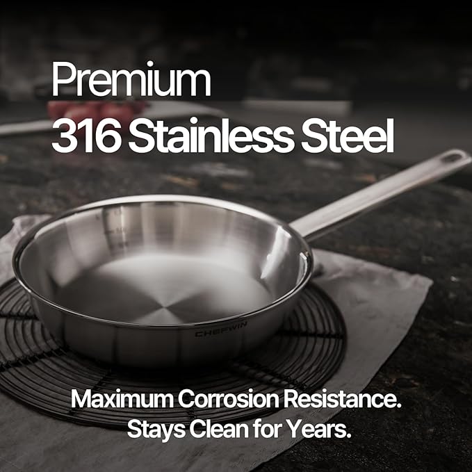 8.6-Inch 316 Stainless Steel Frying Pan, 5-Ply Stainless Steel Saute pan, Deep Skillet, Induction Compatible, Dishwasher & Oven Safe