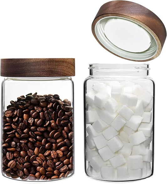 Glass Coffee Jars Spice Jar Round Storage Canister with Wooden Lid Clear Glass Food Jar for Pantry Sugar Tea Coffee Bean Spice Nuts Cookies Bath Salts (900ML*2PACK)