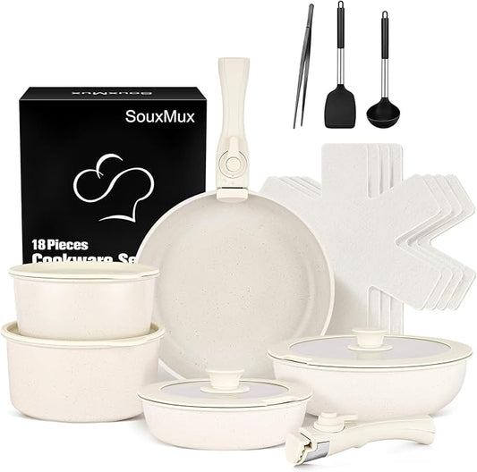 18 Pcs Nonstick Pots and Pans Set with Detachable Handle, Induction Compatible Oven Safe RV Cookware Set, No PFOA (WHITE)