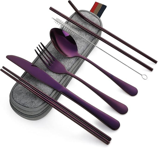 DEVICO Portable Utensils, Travel Camping Cutlery Set, 8-Piece including Knife Fork Spoon Chopsticks Cleaning Brush Straws Portable Case, Stainless Steel Flatware set (Purple)
