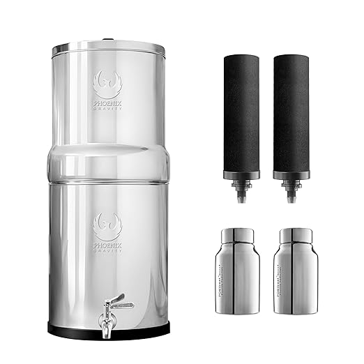 Gravity Water Filter System - 2.25 Gallons NSF Certified AISI 304 Stainless Steel Water Filter with 2 Smart Carbon Filters, 2 POSTreat Steel Fluoride Removal Elements & Free Stainless Steel Spigot