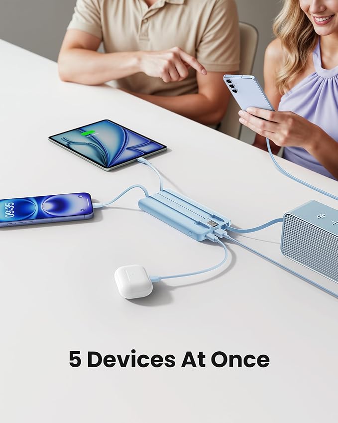 10000mAh Portable Charger, Slim Power Bank with Built-in Cables, Battery Pack 5 Outputs 2 Inputs LED Display Compatible with iPhone/Android & More (Blue)