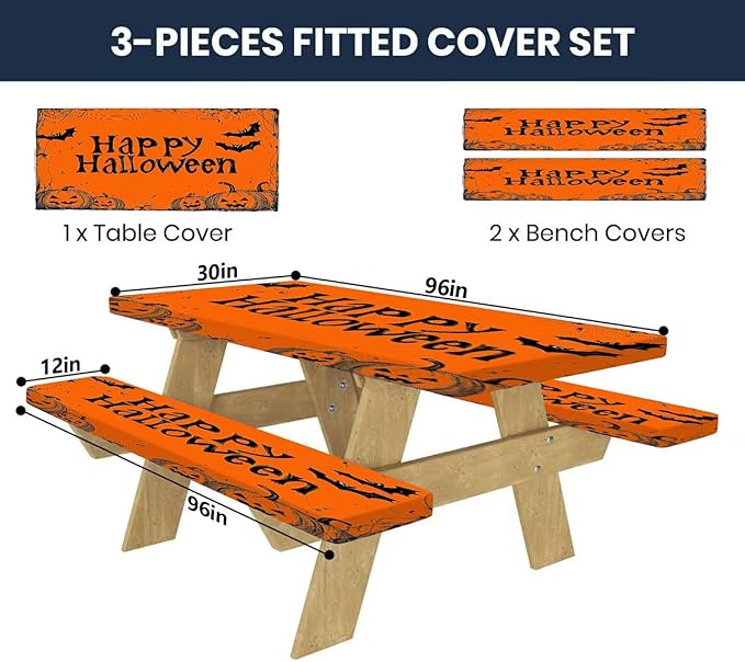 CAPSCEOLL Fitted Picnic Table Cover with Bench Covers with Elastic 8Ft Waterproof Picnic Table Cloths Windproof Outdoor Camping Tablecloth with Drawstring Bag, 96X30in, Happy Halloween