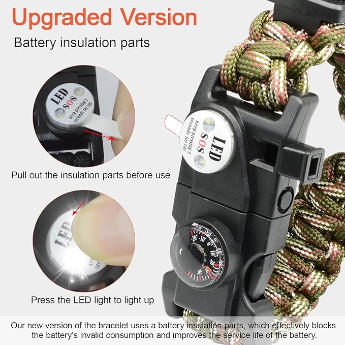 20 in 1 Survival Paracord Bracelet Adjustable Gear Kit with SOS LED Light, Fire Starter, Bigger Compass, Survival Whistle, Perfect for Camping, Hiking, Fishing