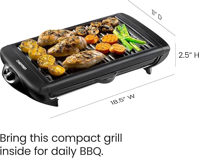 Chefman Electric Smokeless Indoor Grill w/ Non-Stick Cooking Surface & Adjustable Temperature Knob from Warm to Sear for Customized BBQing, Dishwasher Safe Removable Water Tray, Black