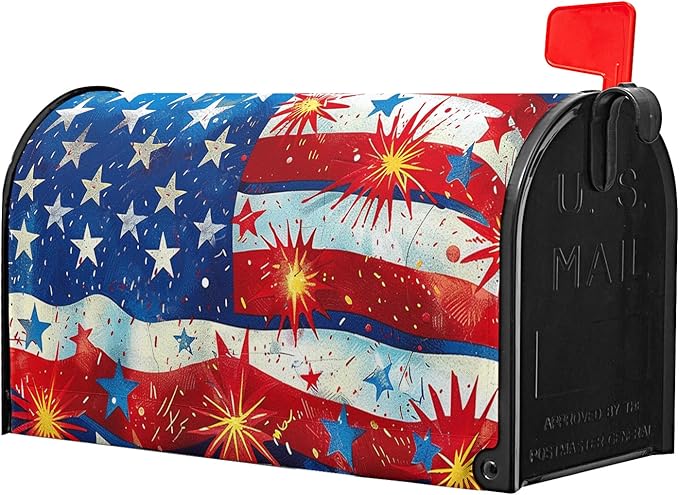 American Flag Magnetic Mailbox Cover Fireworks and Flag USA Holiday Mailbox Covers Large Size 25.5" x 21" Independence Day July 4th Post Letter Box Wraps for Outdoor Garden Yard Home Decor