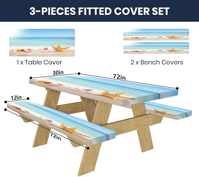 CAPSCEOLL Picnic Table Cover with Bench Covers Waterproof Camping Tablecloth All-Weather Outdoor Table Protector with Drawstring Bag for Camping Essentials, 72X30in, Sea Beach