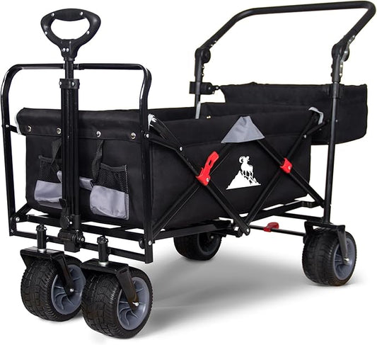 Folding Utility Wagon | Heavy-Duty Collapsible Cart with Brakes & Adjustable Handle | for Gardening, Beach Trips, Camping, Shopping & Outdoor Transport (Black/Grey)