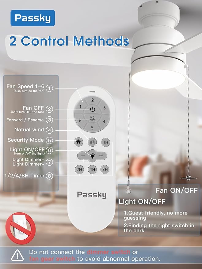 Ceiling Fans with Lights, 42 inch Low Profile Ceiling Fan with Pull Chain and Remote Control, Flush Mount, Reversible, 5CCT, Dimmable, Noiseless, White Pull Cord Ceiling Fan for Bedroom