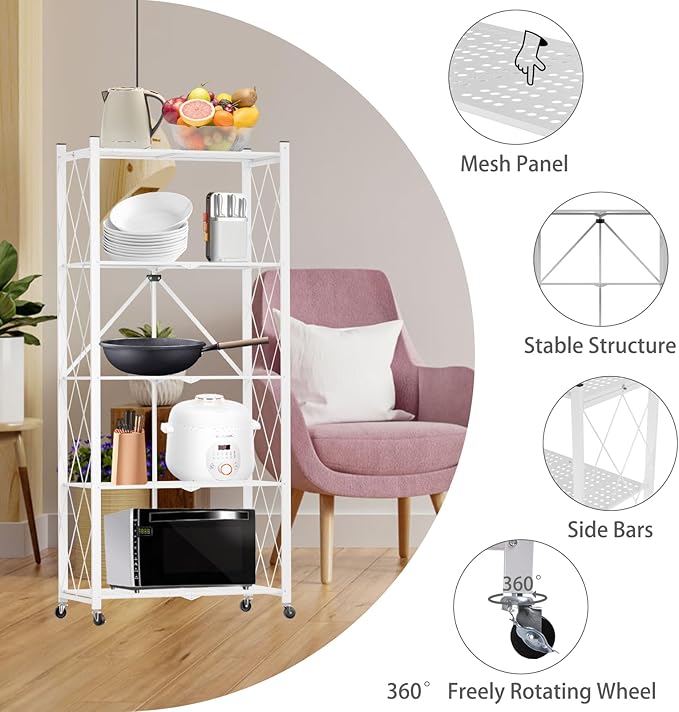 5 Tier Folding Shelf with Wheels,Metal Steel Collapsible Shelves,No Assembly Portable Shelves Organizer Rack,Rolling Standing Utility Rack for Kitchen, Pantry, Office, White