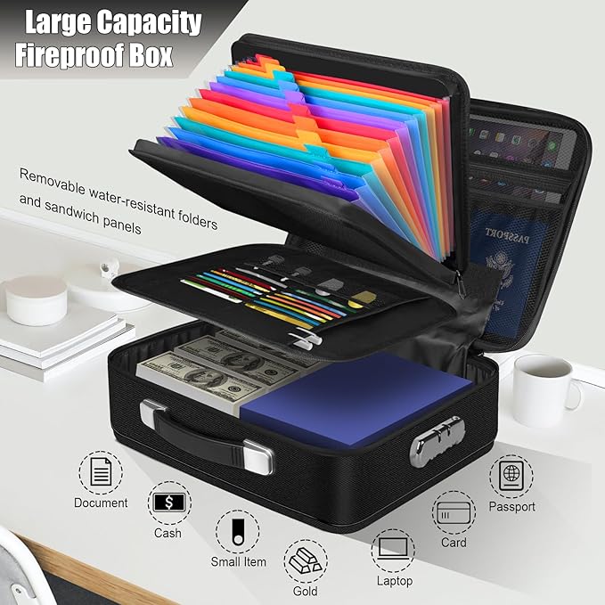 Fireproof Document Box, Hard Shell Fireproof Box, Document Organizer with Lock, Fireproof Water Resistant box, Portable Documents Safe Box for Important Document Certificates, Laptop, Passports, Black