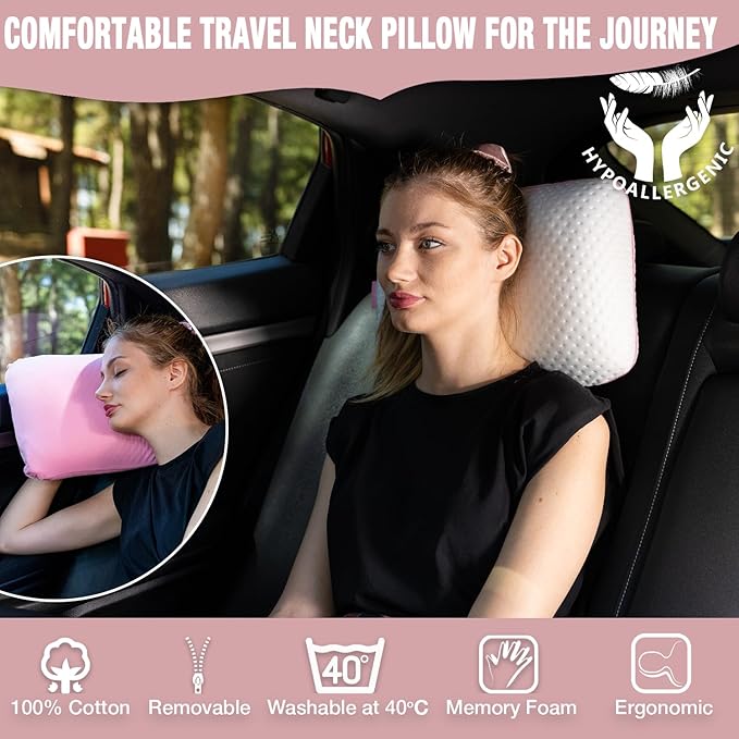 Memory Foam Pillow for Travel and Camping with Extra Cotton Cover – Easy to Carry Portable Bag (Pink)
