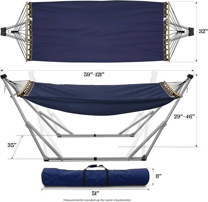 Tranquillo Ultimate Relaxation Portable Hammock Stand, Foldable Hammock Stand with Canvas Hammock, Spreader Bar, Quick Fold Unfold in 30 Seconds Steel Frame Hammock 600 lbs Capacity, White Frame, Navy