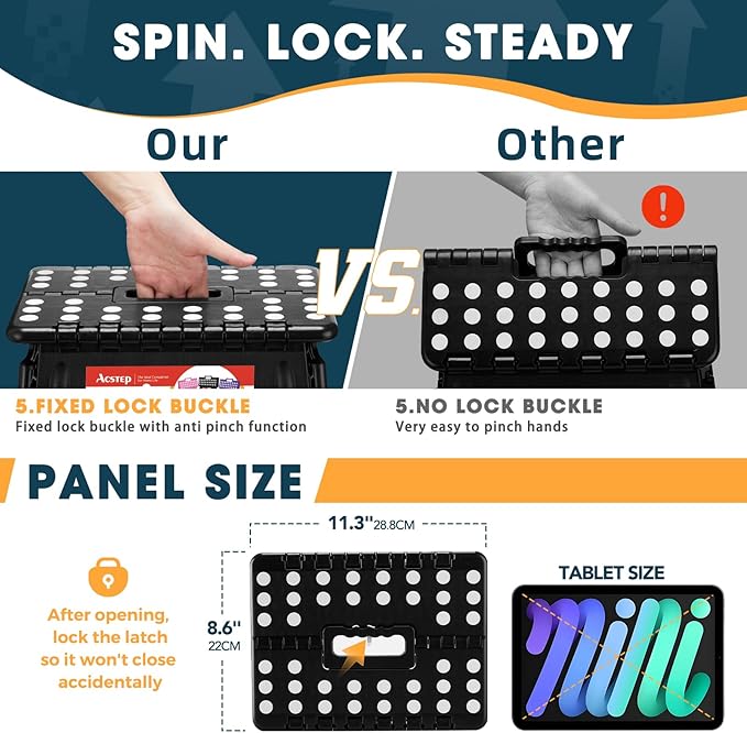 ACSTEP Folding Step Stool 16 Inch Heavy Duty Step Stool Foldable for Adults and Kids, Collapsible Stepping Stool with Handle, Non Slip Folding Stools for Kitchen Hold Up to 400lbs (Black 1PC)