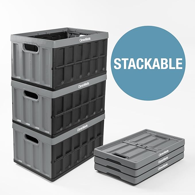 CleverMade Collapsible Storage Bins - Stone 3 Pack 62L / 16 Gal holds 100 lbs - Stackable Containers Heavy Duty Capacity Crates Space-Saving