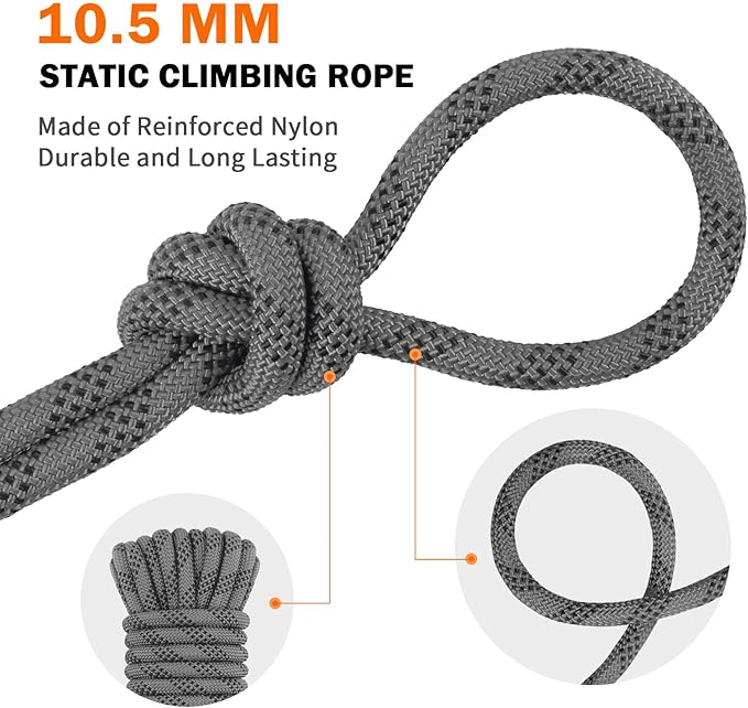 AOLEBA 10.5 mm Static Climbing Rope 10M(32ft) 20M(64ft) 30M(96ft) 50M(160ft) 70M(230ft) Outdoor Rock Climbing Rope, Escape Rope Ice Climbing Equipment Fire Rescue Parachute Rope
