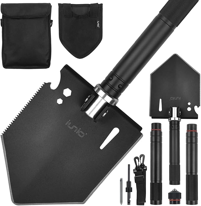 iunio Camping Shovel,Shovel Folding, Portable, Multitool, Foldable Entrenching Tool, Collapsible Spade, for Backpacking, Trenching, Hiking, Survival, Car Emergency