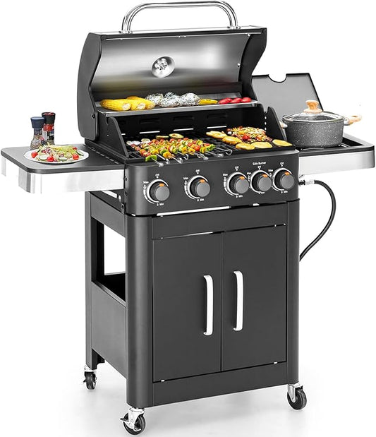2 in 1 Propane Gas BBQ Grill with Side Burner & Porcelain-Enameled Cast Iron Grate, 4-Burner Flat Top Griddle, 46,700 BTU Outdoor Barbecue Propane Griddle Grill Combo for Camping, Patio, Backyard
