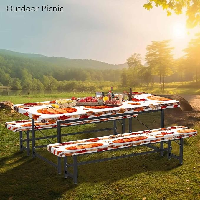 CAPSCEOLL Elastic Picnic Table Cover with Bench Covers 5Ft Waterproof Fitted Picnic Table Cover Cloths for Outdoors Camping Tablecloth with Drawstring Bag, 60X30in, Pumpkins Leaf