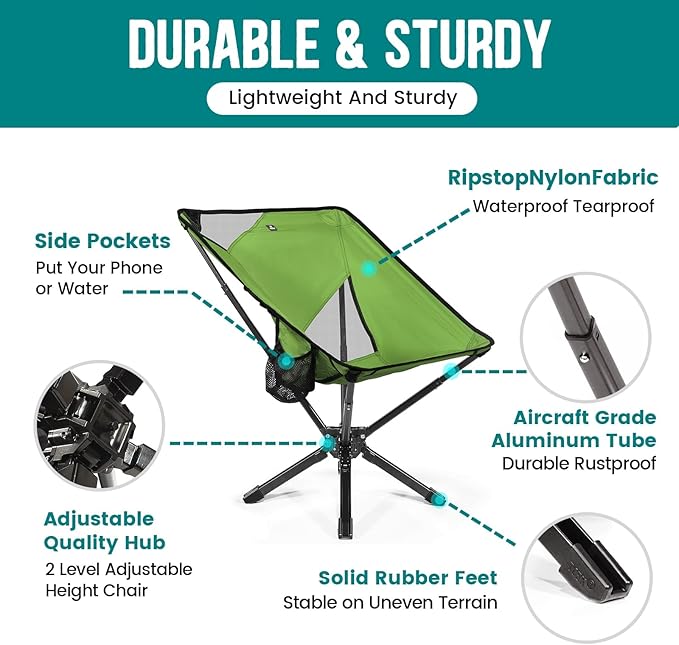 Adjustable Portable Camping Chair RiseLite Lightweight Compact Folding Chair for Adults, Collapsible Camp Chairs That Folds Up Small, Easy Carry for Travel, Outdoor, Sports, Backpacking, Hiking
