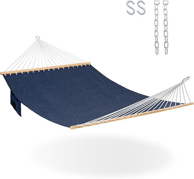 Lazy Daze Hammocks 11 FT Double Outside Hammock Quick Dry Olefin Fabric Hammock with Spreader Bar & Side Pocket for Outdoor Poolside Backyard 450 lbs Capacity, Navy Blue