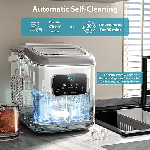 Ice Maker Machine countertop Self Cleaning Portable Compact Small Bullet Ice Maker with Digital Screen,9 Cubes in 6 Mins,26lbs in 24Hrs,for Camping Dorm Home Outdoor（White）