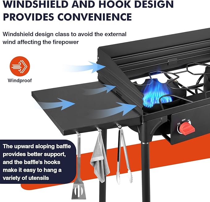 Llamaviva 2 Burner Gas Stove Propane Outdoor Stove with Wind panel,Side Shelves,Auto Ignition Button,Removable Legs &Regulator Hose&Carrying Bag 150000 BTU Propane Burners for Outdoor BBQ -gloves