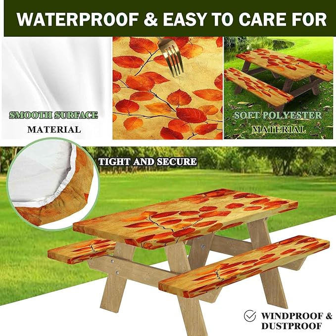 CAPSCEOLL Fitted Picnic Table Cover with Bench Covers with Elastic 6Ft Waterproof Camping Picnic Table Cover Cloths for Outdoors Camping Tablecloth with Drawstring Bag, 72X30in, Burnt Orange Leaves