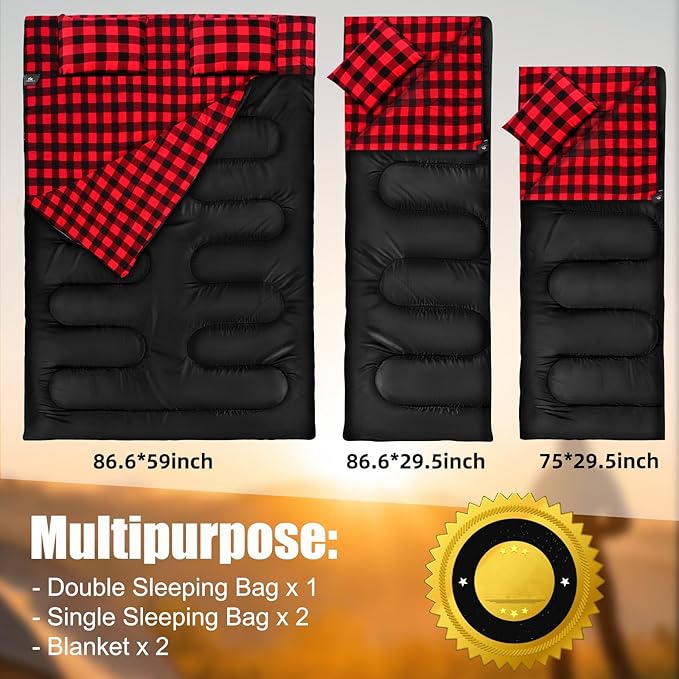 Double Sleeping Bag Flannel for Adults Kids, Queen Size for 2 Person with 2 Pillows, Warm & Cold Weather Sleeping Bag for Camping, Hiking, Waterproof Lightweight with Compression Sack