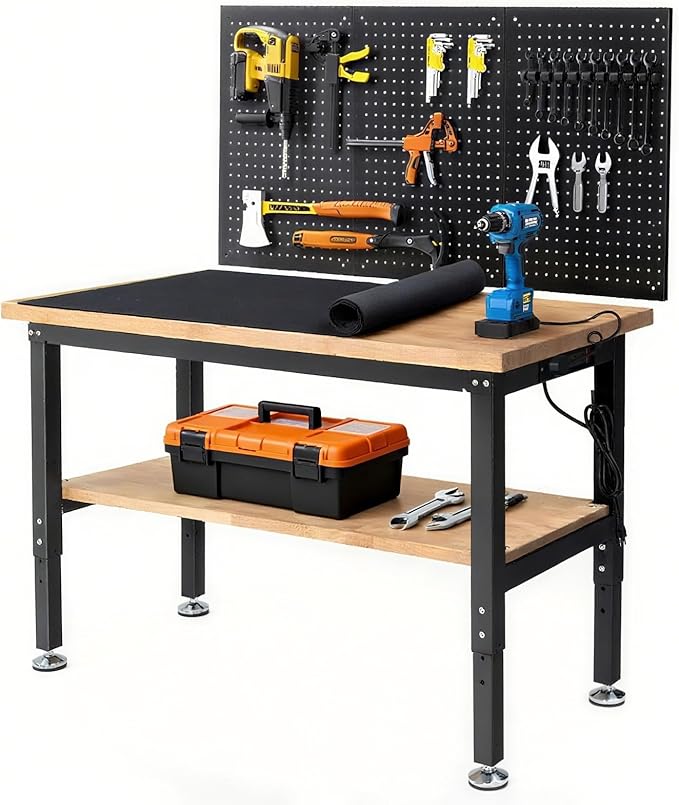 48 Inch Workbench for Garage Adjustable Height Work Bench with Under Table Shelf Pegboard Power Outlets Work Table for Woodworking, Home, Office, Workshop