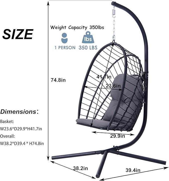 Indoor/Outdoor Egg Hanging Chair with Stand - Patio Wicker Swing Hammock Chair. 350lbs Capacity, Cushioned. Ideal for Bedroom, Balcony, Porch, Garden. Versatile Swing Chair for All Spaces