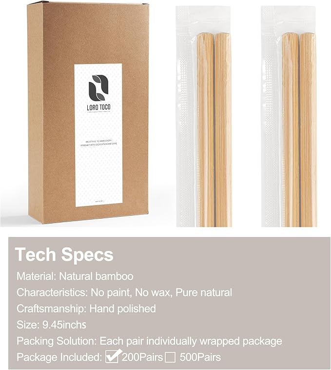 200Pairs Bamboo Chopsticks Disposable | Individually Wrapped | Bulk | Separated | Round | Premium Quality-（9.45in)