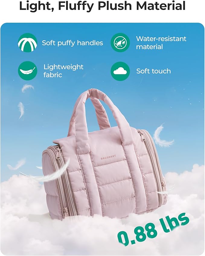 BAGSMART Toiletry Bag for Women with Hanging Hook, Puffy Water-resistant Makeup Cosmetic Bag for Accessories, Shampoo, Full-size Container, Toiletries, Beige